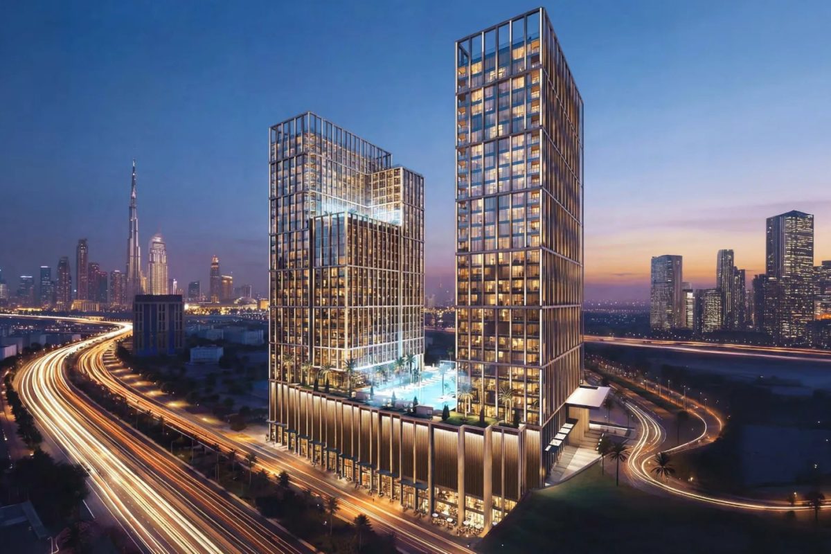 Binghatti Spectre – towers at dusk with the Dubai skyline