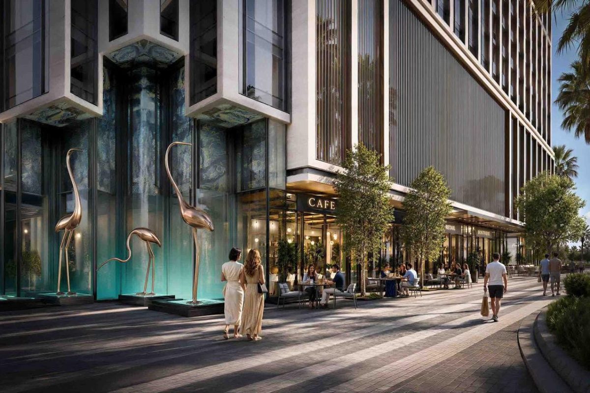 Binghatti Starfall, Al Jaddaf – street-level café and flamingo water feature