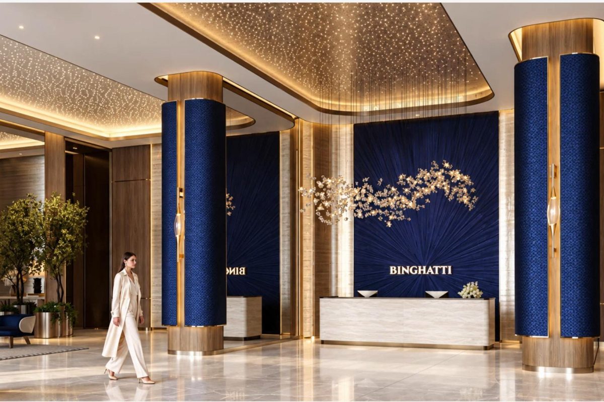 Binghatti Starfall, Al Jaddaf – double-height lobby with navy and gold finishes