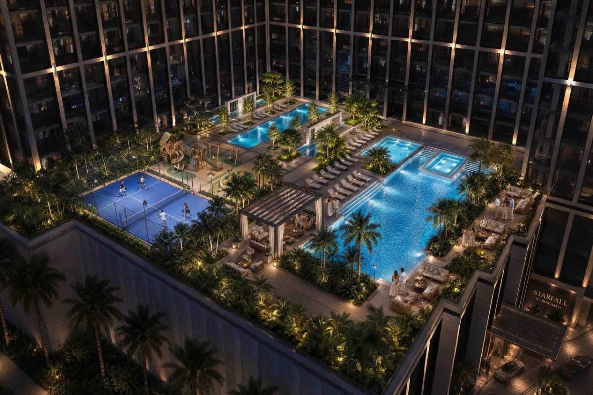 Binghatti Starfall, Al Jaddaf – aerial view of the podium pool deck