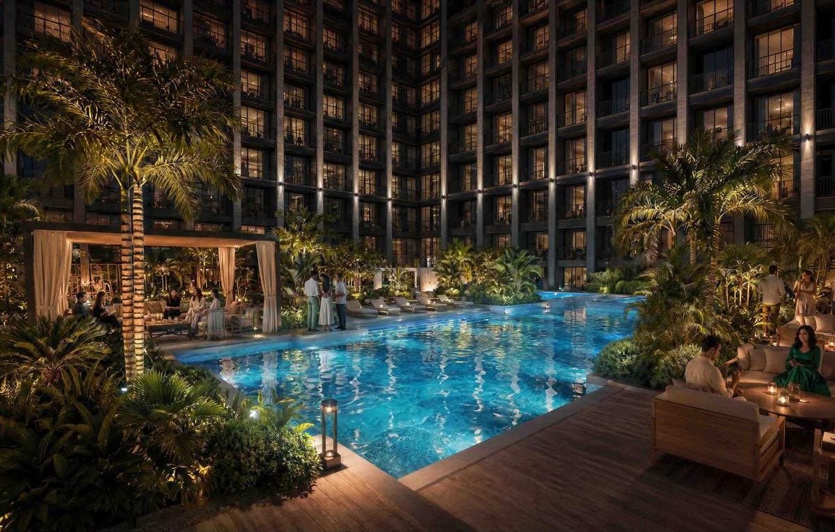 Binghatti Starfall, Al Jaddaf – podium pool terrace at night