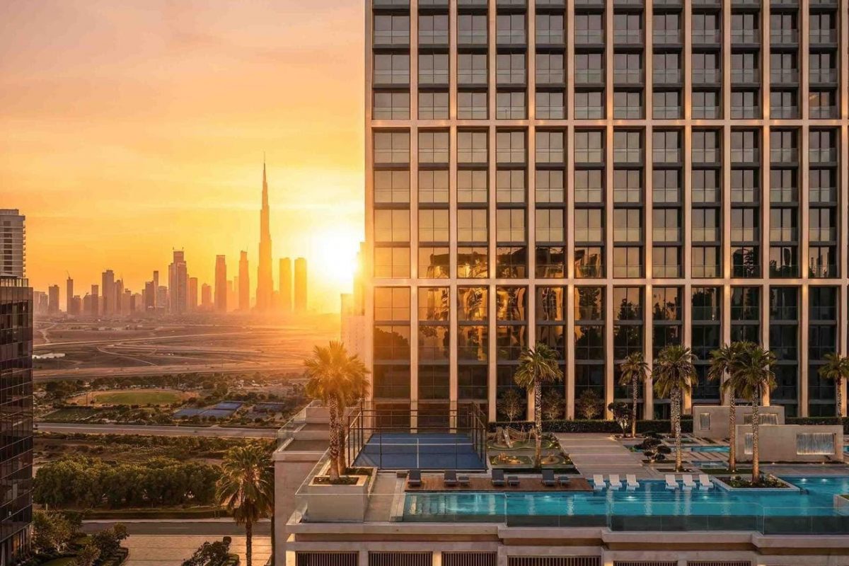 Binghatti Starfall, Al Jaddaf – tower at sunset with views to Burj Khalifa