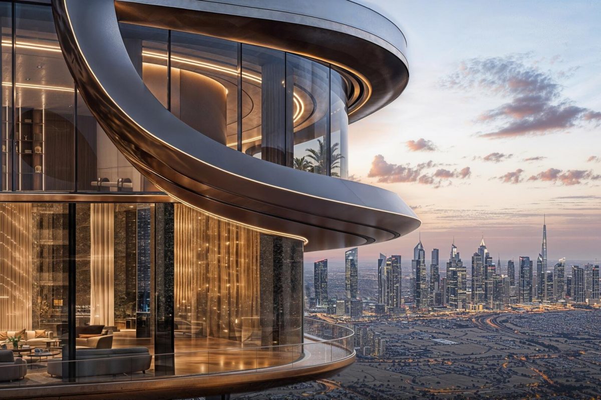 Shahrukhz by Danube – curved glass facade with views to Downtown Dubai