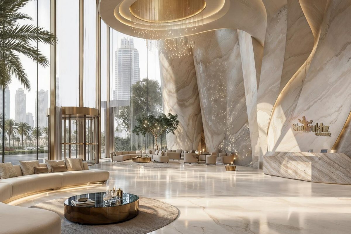 Shahrukhz by Danube – lobby reception with sculpted marble walls
