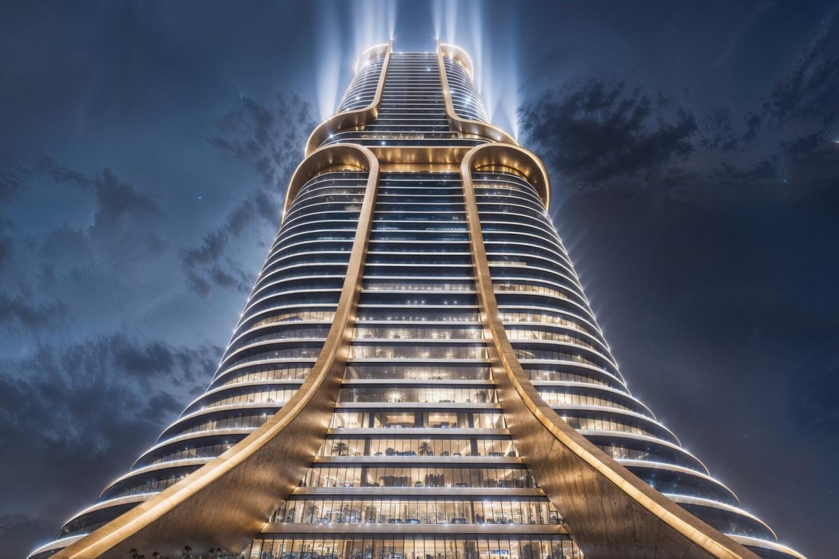 Shahrukhz by Danube – full 55-storey tower facade at night