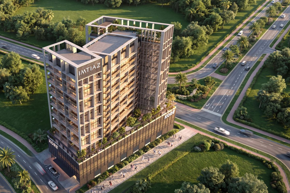 Kore by Imtiaz – aerial view of the tower and surrounding green spaces in DLRC