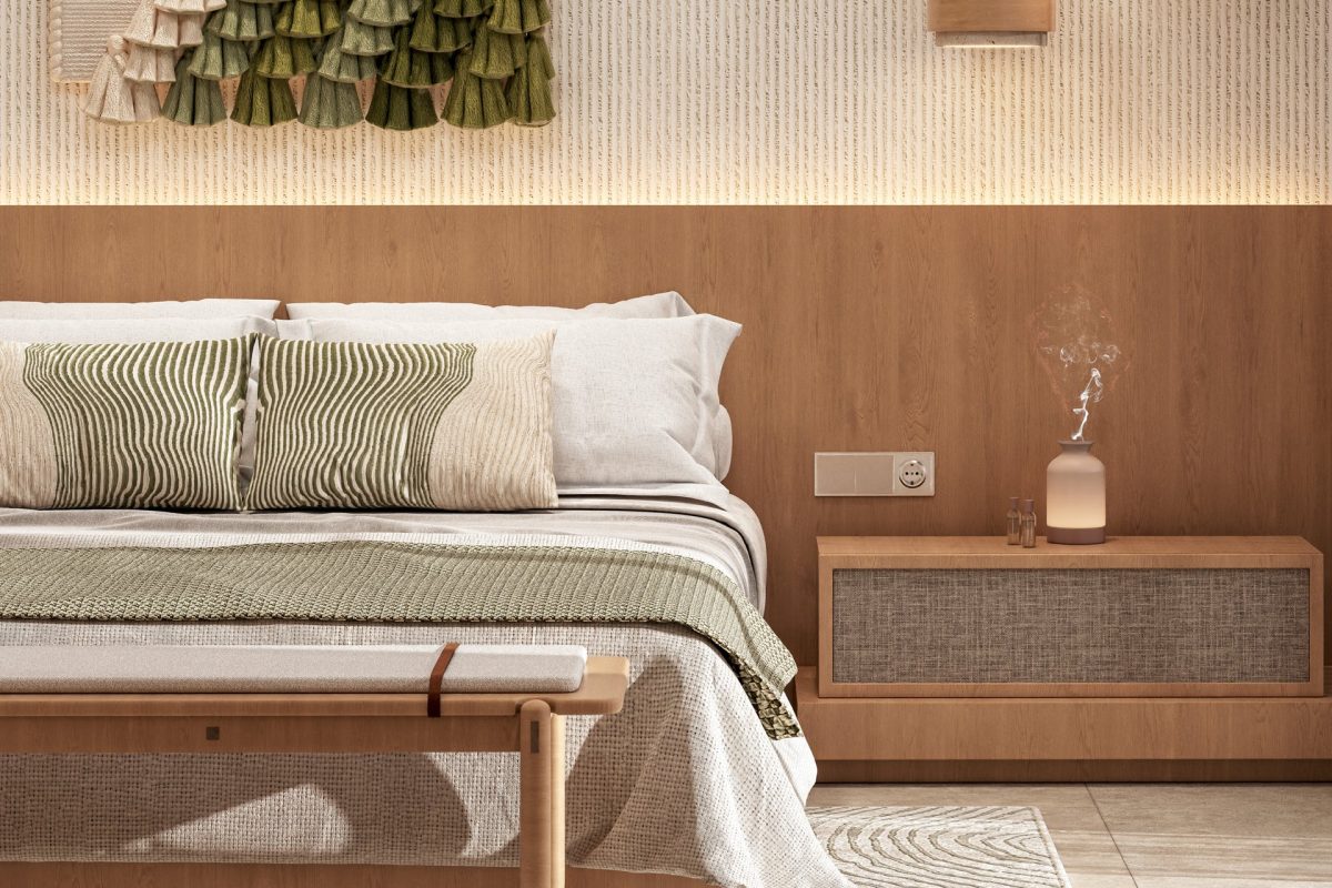 Kore by Imtiaz – bedroom with oak panelling and woven textures