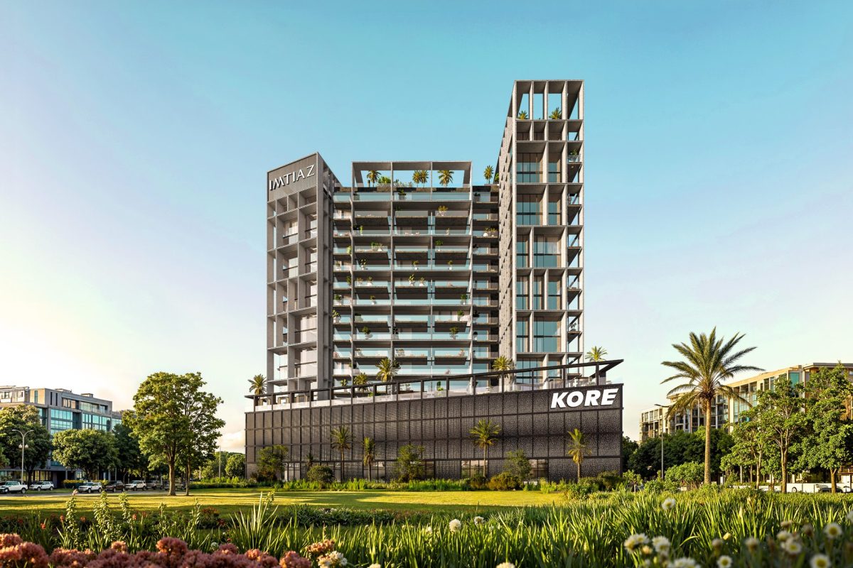 Kore by Imtiaz – tower and landscaped podium seen from the park