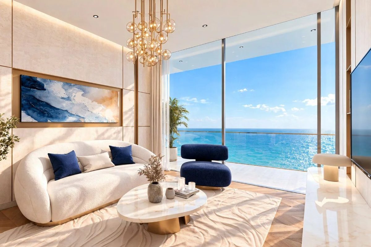 Shahrukhz Residences by Danube – King's Suite living room with sea views