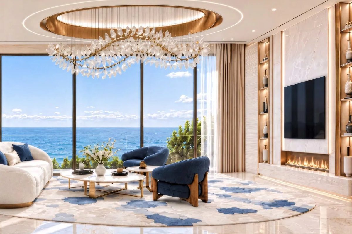 Shahrukhz Residences by Danube – living area with panoramic sea views