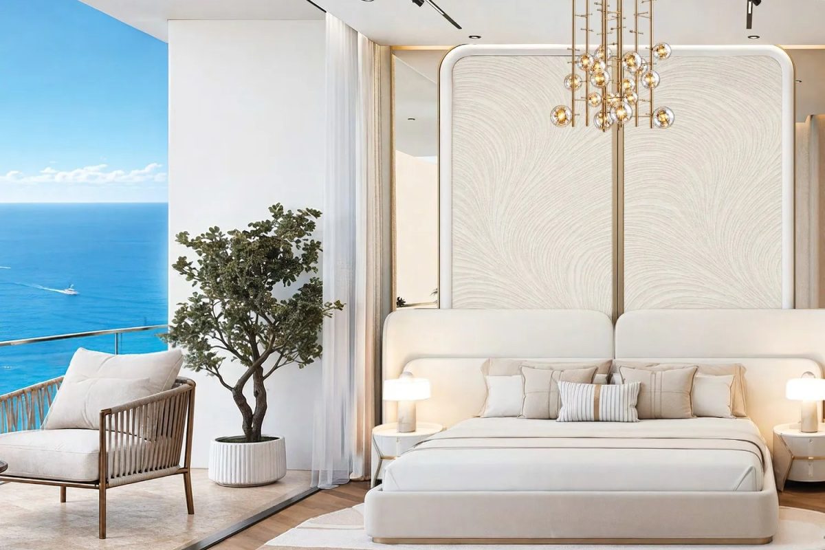 Shahrukhz Residences by Danube – studio sleeping area with sea view